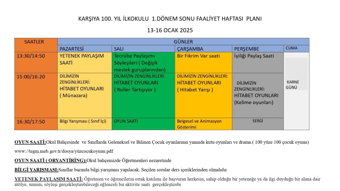 13-16 OCAK DÖNEM SONU FAALİYET PLANIMIZ